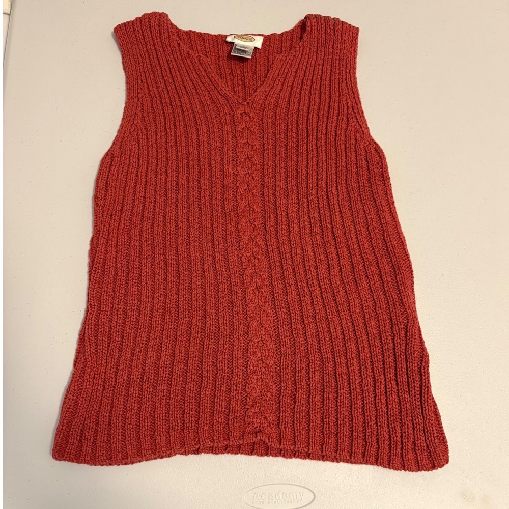 VTG Talbots Terracotta Orange Cable Knit Sweater Vest V-Neck Ribbed Sleeveless f